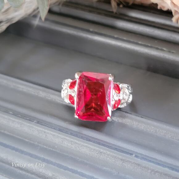 Sterling Silver Ring With Red Center Stone and Cubic Zirconia Accents Size 6 3/4 - Picture 7 of 10